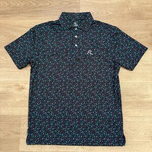 Rhoback Men's Small Performance Polo Football Cactus Pizza Beer Print Black Neon